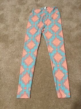 LuLaRoe Aqua and Coral Abstract Stripe Leggings